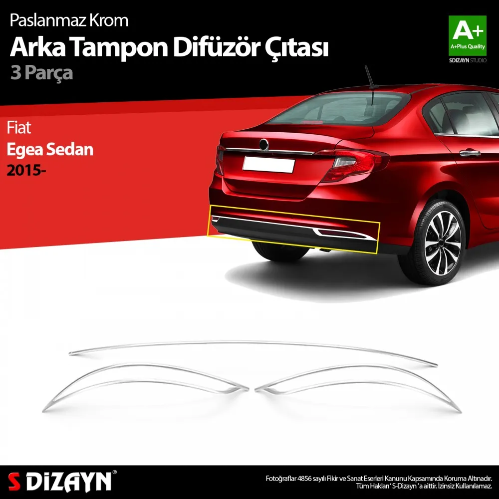 S-Dizayn Fiat Egea SD Krom Arka Tampon Difüzör Çıtası 3 Prç. 2015 Üzeri