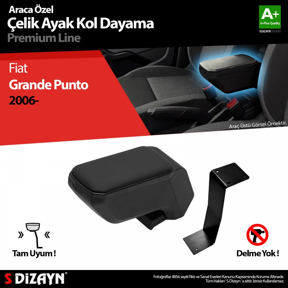 S-Dizayn Fiat Punto Armrest Armrest Steel Leg ABS Black 2006 onwards A+ Quality