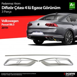 S-Dizayn VW Passat B8.5 Krom Egzoz Görünümü Difüzör 4'lü R Line 3 Parça 2019 ve Üzeri